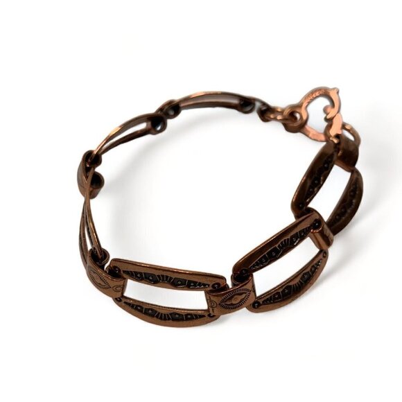 Vintage Solid Copper & Etched Enamel Chainlink Bracelet Southwest Design 8”L - Picture 8 of 9